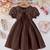 Brown pearl embellished textured fabric bow style girls dress