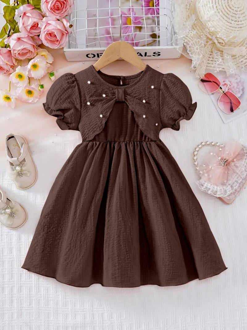 Brown pearl embellished textured fabric bow style girls dress