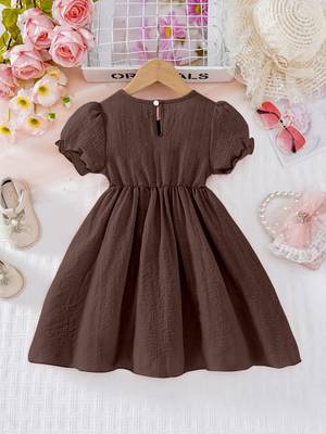 Brown pearl embellished textured fabric bow style girls dress 2