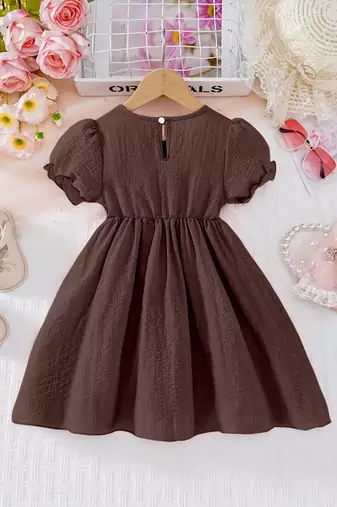 Brown pearl embellished textured fabric bow style girls dress