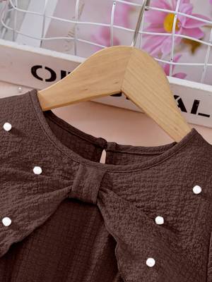 Brown pearl embellished textured fabric bow style girls dress 3