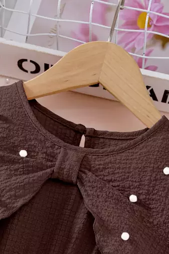 Brown pearl embellished textured fabric bow style girls dress