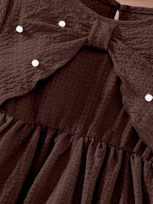 Brown pearl embellished textured fabric bow style girls dress 4