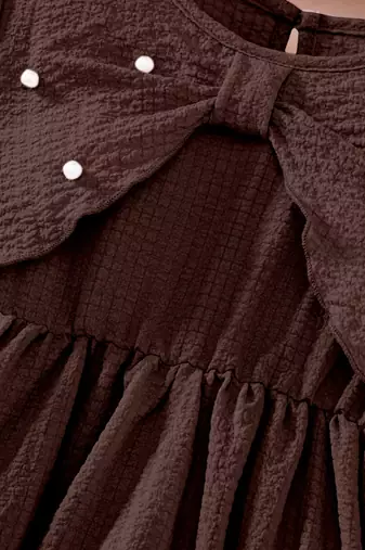 Brown pearl embellished textured fabric bow style girls dress