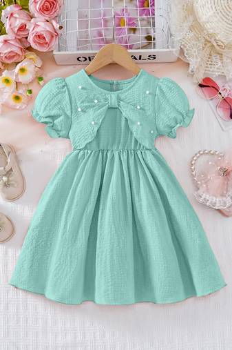 Green pearl embellished textured fabric bow style girls dress