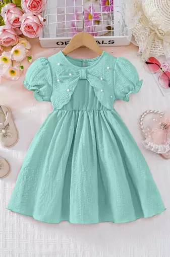 Green pearl embellished textured fabric bow style girls dress