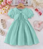 Green pearl embellished textured fabric bow style girls dress
