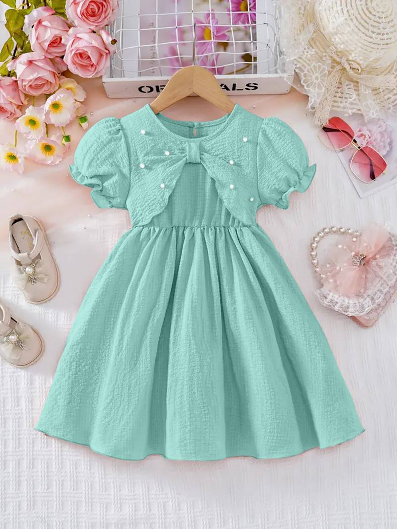 Green pearl embellished textured fabric bow style girls dress
