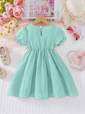 Green pearl embellished textured fabric bow style girls dress 2