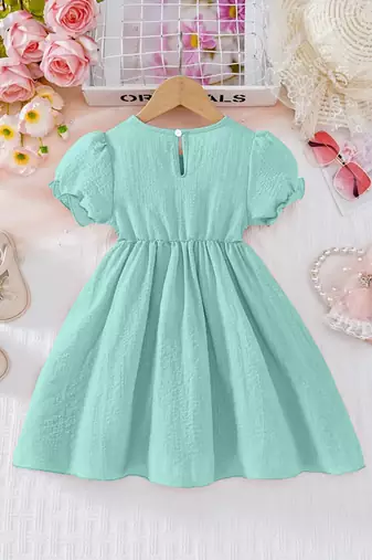 Green pearl embellished textured fabric bow style girls dress
