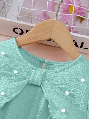 Green pearl embellished textured fabric bow style girls dress 3