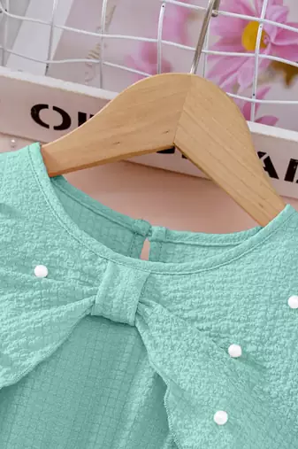 Green pearl embellished textured fabric bow style girls dress