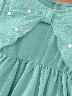 Green pearl embellished textured fabric bow style girls dress 4