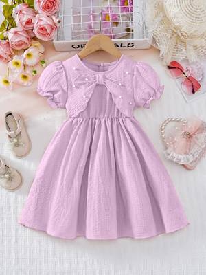 purple pearl embellished textured fabric bow style girls dress 1