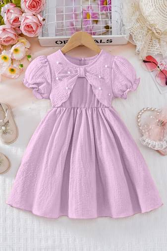 purple pearl embellished textured fabric bow style girls dress