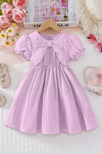 purple pearl embellished textured fabric bow style girls dress