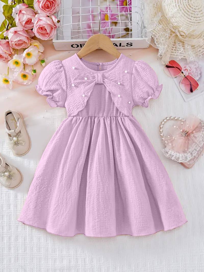 purple pearl embellished textured fabric bow style girls dress