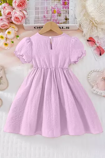 purple pearl embellished textured fabric bow style girls dress