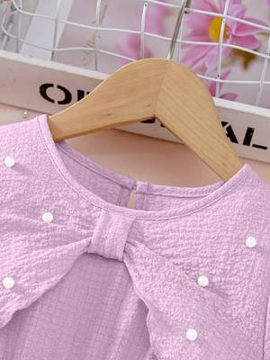 purple pearl embellished textured fabric bow style girls dress 3