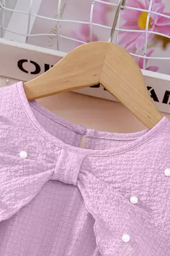 purple pearl embellished textured fabric bow style girls dress