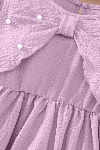 purple pearl embellished textured fabric bow style girls dress