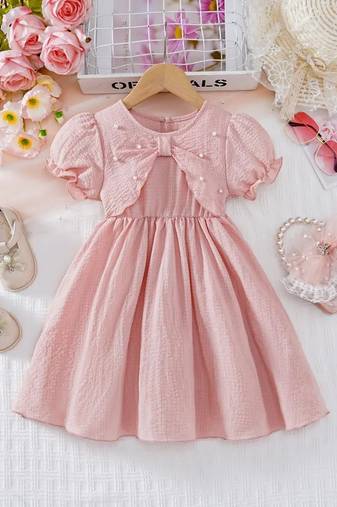 Peach embellished textured fabric bow style girls dress