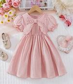 Peach embellished textured fabric bow style girls dress