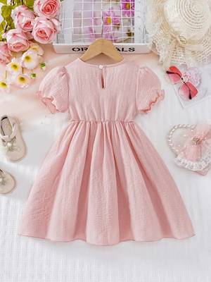 Peach embellished textured fabric bow style girls dress 2