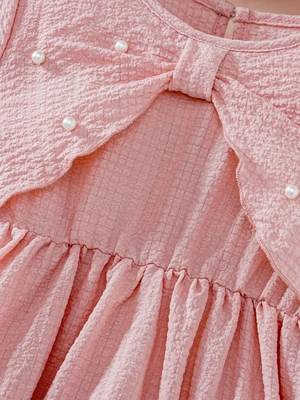 Peach embellished textured fabric bow style girls dress 4