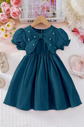 Rama embellished textured fabric bow style girls dress
