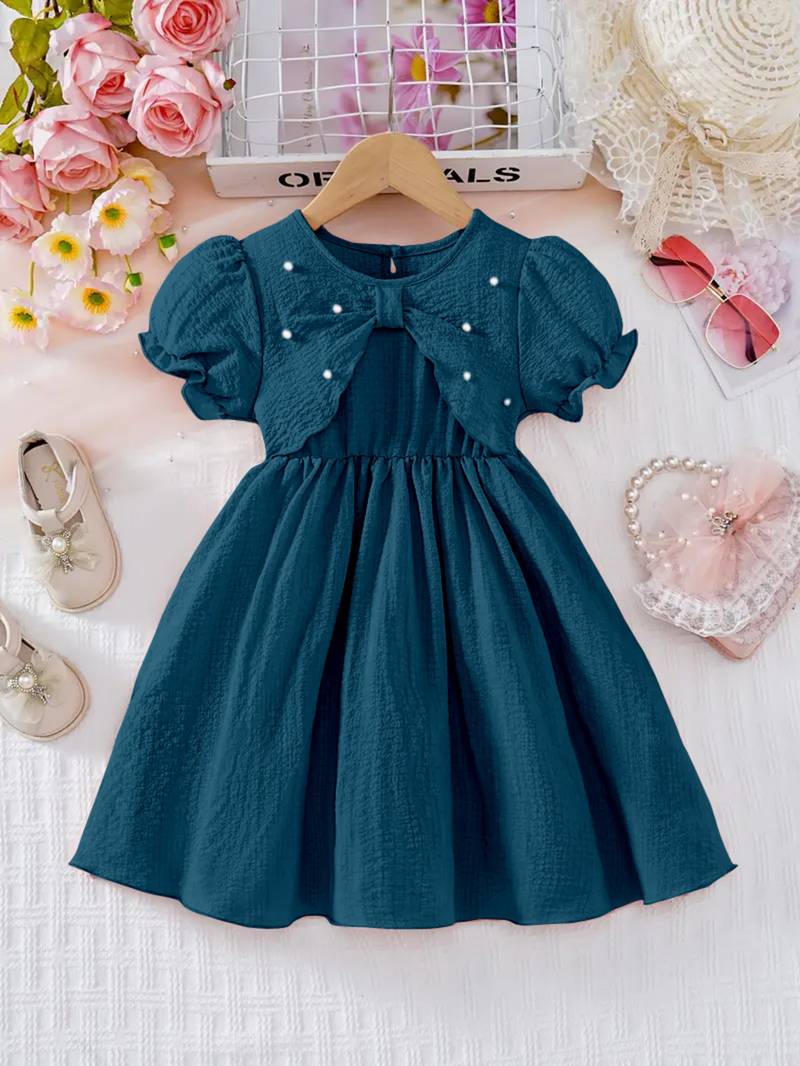 Rama embellished textured fabric bow style girls dress