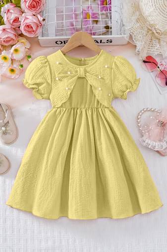 Yellow embellished textured fabric bow style girls dress