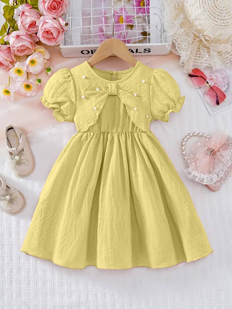 Yellow embellished textured fabric bow style girls dress