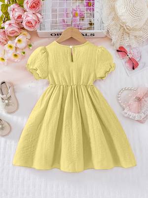 Yellow embellished textured fabric bow style girls dress 2