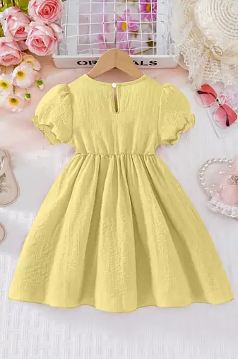 Yellow embellished textured fabric bow style girls dress