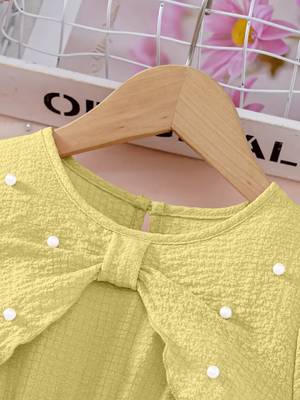 Yellow embellished textured fabric bow style girls dress 3