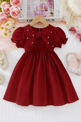 Maroon embellished textured fabric bow style girls dress