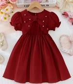 Maroon embellished textured fabric bow style girls dress