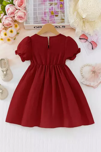 Maroon embellished textured fabric bow style girls dress
