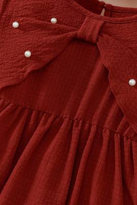 Maroon embellished textured fabric bow style girls dress 3