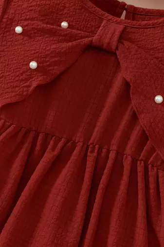 Maroon embellished textured fabric bow style girls dress