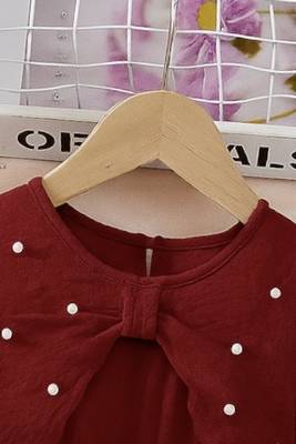 Maroon embellished textured fabric bow style girls dress 4