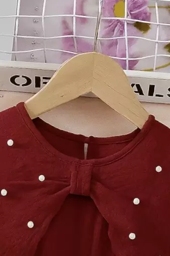 Maroon embellished textured fabric bow style girls dress
