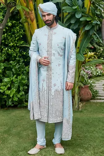 Ice blue embroidered rambagh silk sherwani set