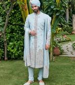 Ice blue embroidered rambagh silk sherwani set