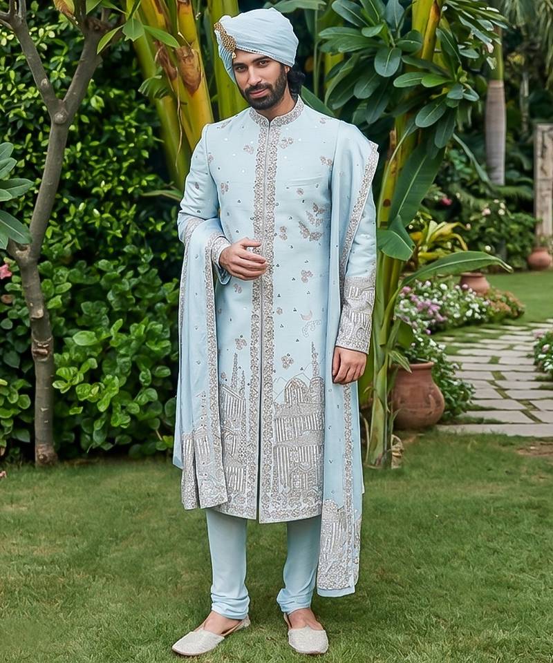 Ice blue embroidered rambagh silk sherwani set