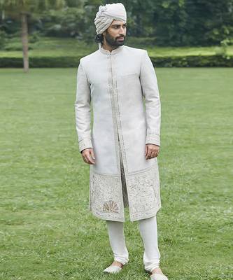 Ivory embroidered rambagh silk sherwani set 1