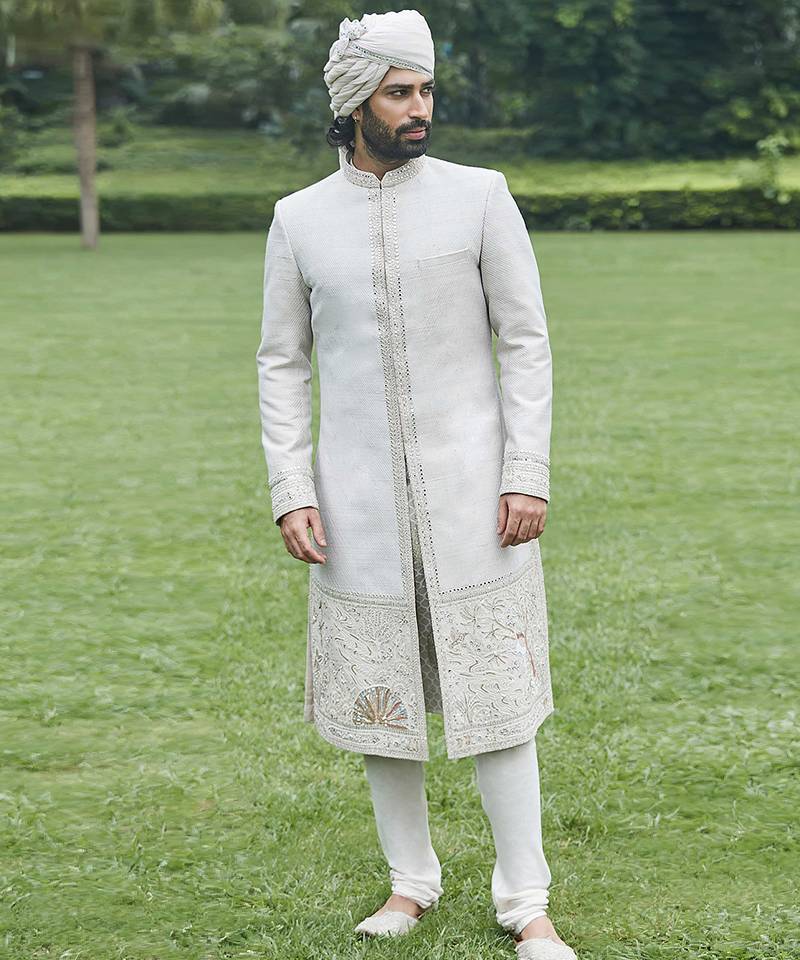 Ivory embroidered rambagh silk sherwani set