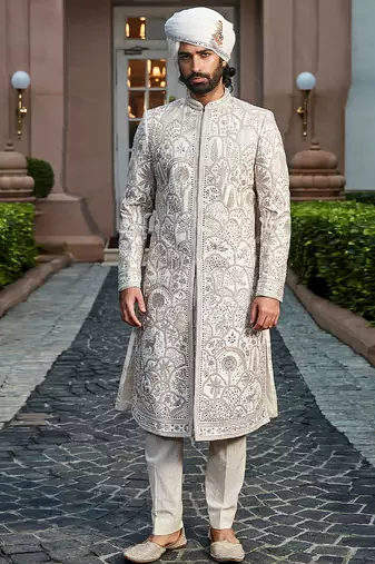 Golden ivory embroidered rambagh silk sherwani set