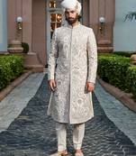 Golden ivory embroidered rambagh silk sherwani set